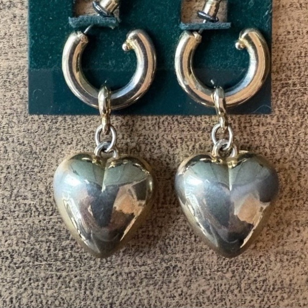Gold Puffy Heart Vintage Dangle Pierced Earrings - Picture 3 of 7